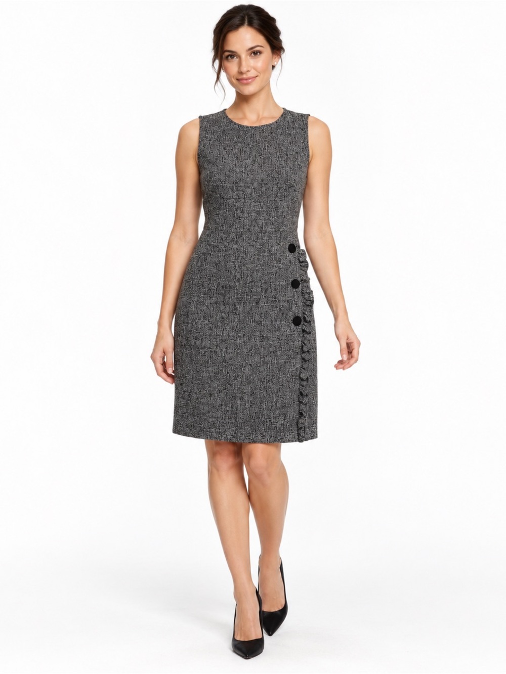 LOFT Heather Gray Tweed Ruffle Button Sheath Dress Size 4 EUC